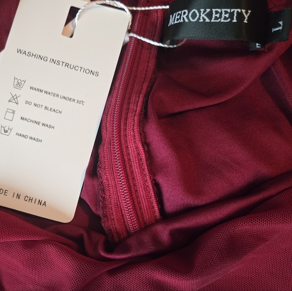 NWT Merokeety Bodycon Midi Dress With Mesh Puff Sleeve And Ruching In Wine - Picture 3 of 4